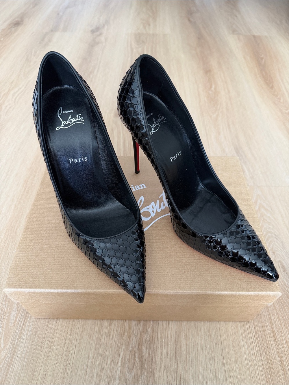 Christian Louboutin Black Patent Kate 100 Snakeskin Pointed Pumps with Red Sole